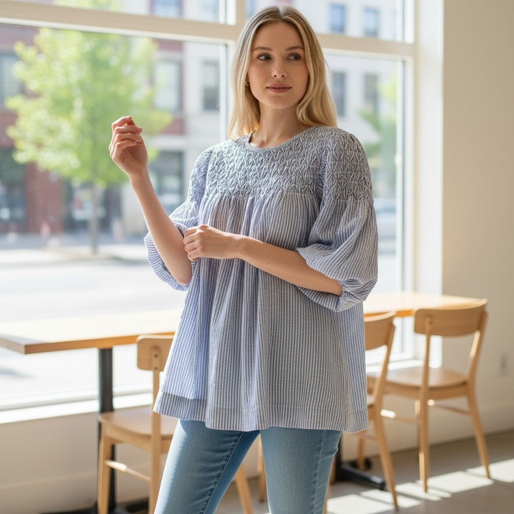Anthropologie Smocked Yoke Striped Puff Sleeve Linen Blend Blouse Blue White S